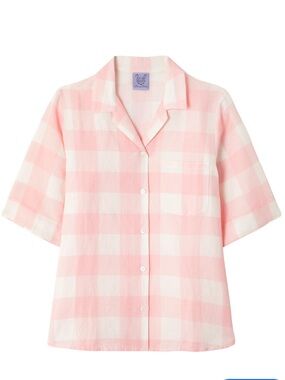 Thierry Colson France Women’s Pink Zouk Checked Camp Shirt In Linen Size Small S